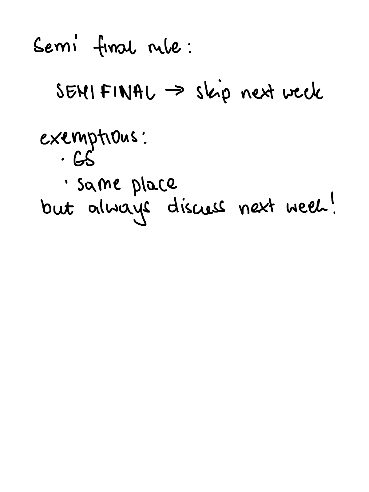 Handwritten semi final rule for junior tennis: semi final means skip next week; exceptions are a Grand Slam and the same place next week, but always discuss the next week.