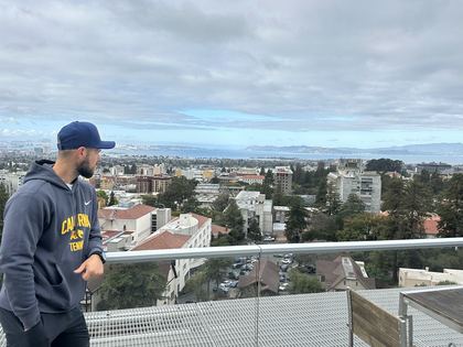 Above the Berkeley campus, the bay behind